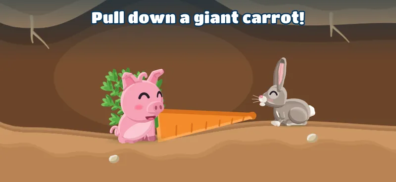 The piglet and a rabbit pull a giant carrot underground.