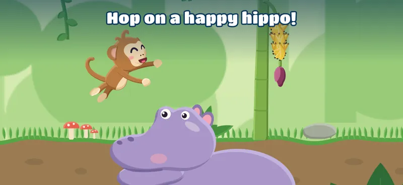 The monkey hops onto a happy hippo.
