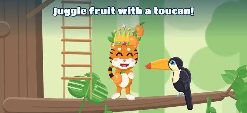 A tiger cub in a crown juggles fruit with a toucan.