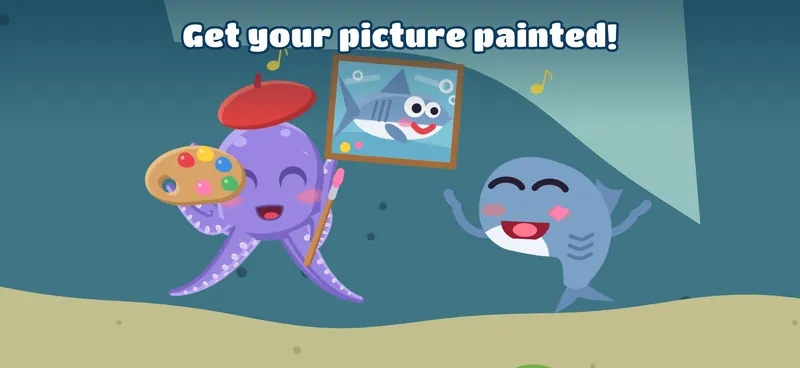 Dotty the octopus paints the shark's picture.